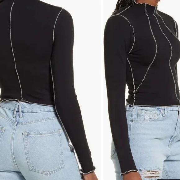 Good American Lettuce Edge cropped MockLong Sleeve in Black001 - Picture 7 of 7